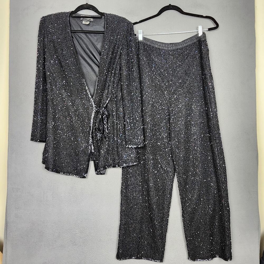 Vintage Jewel Queen Pantsuit Womens 8 Black Beaded Silk Formal Evening 90s